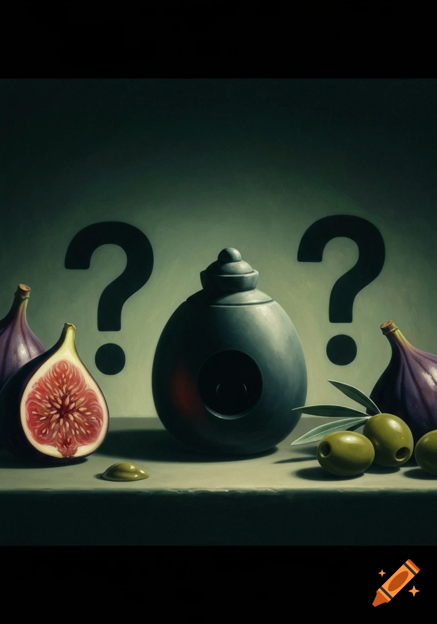 An oil painting of figs, olives, and a dark pot on a table, with two large question marks in the dark background.