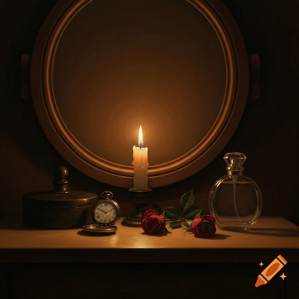 A still life oil painting features a lit candle, red roses, a pocket watch, a box, and a perfume bottle on a wooden surface, with a round mirror in the dark background.