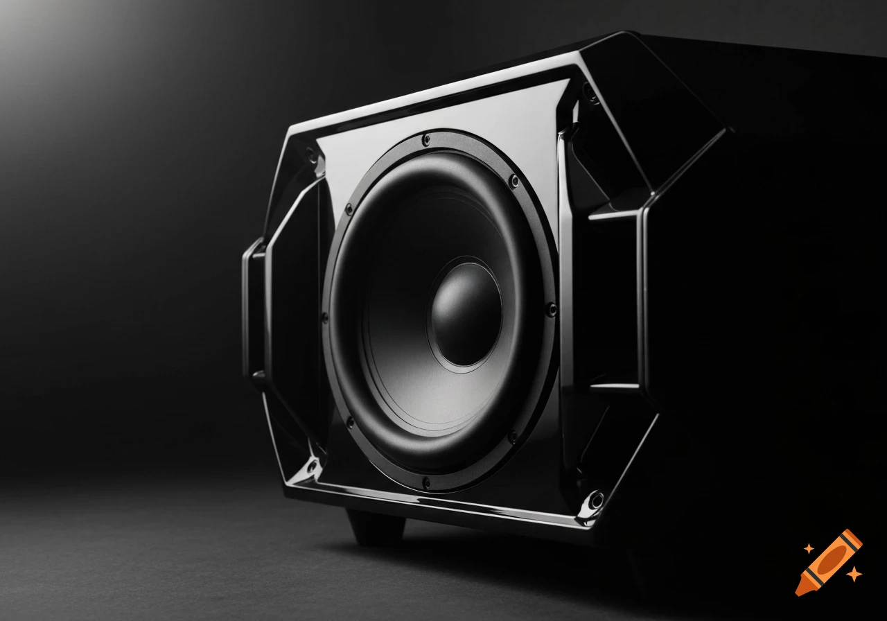 Sleek black subwoofer with a large frontal speaker and angular design, against a dark background.