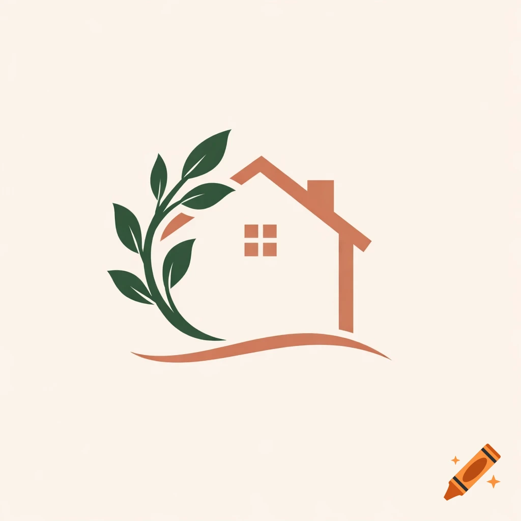 A minimalist logo featuring an orange house outline with a green leafy branch wrapping around it on a light background.