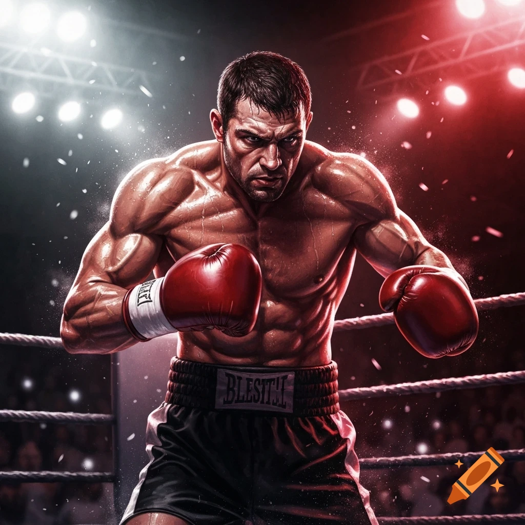 Muscular boxer in red gloves and black shorts stands aggressively in a brightly lit boxing ring.