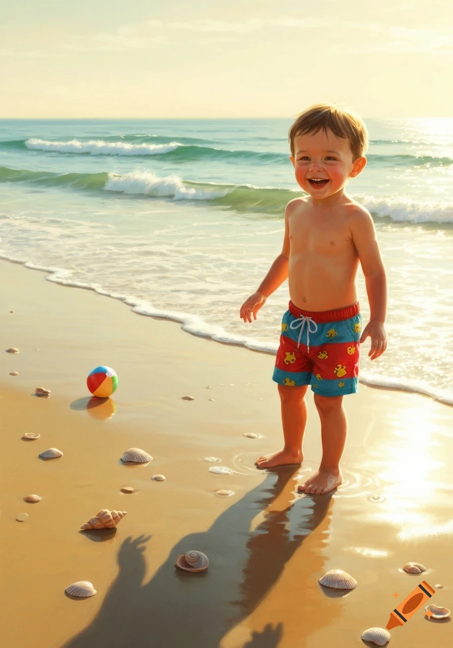 A smiling young boy in swim trunks stands on a sunny beach with waves, a colorful beach ball, and seashells.