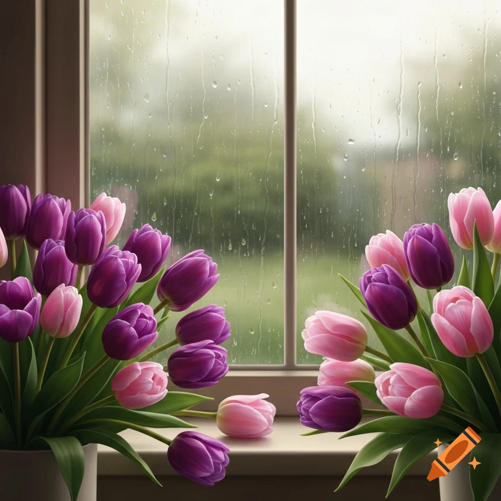 Purple and pink tulips on a windowsill with a rain-streaked window in the background.