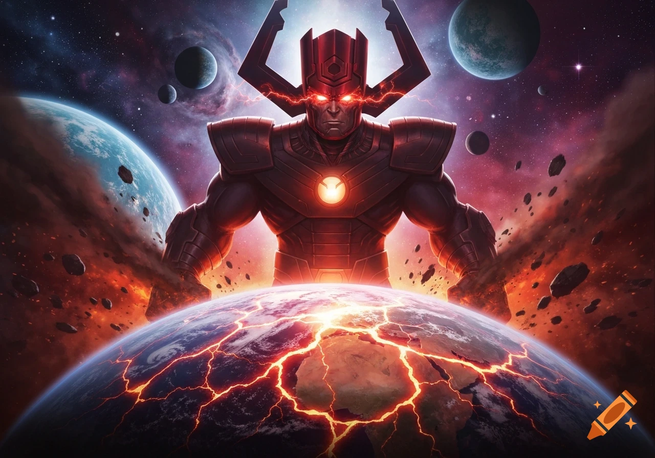 A giant, red-armored cosmic entity, Galactus, with glowing red eyes and chest, looms over a cracking Earth, surrounded by planets and a starfield.