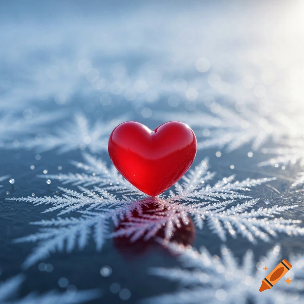 A shiny red heart sits on a dark, frosty surface covered in white ice crystals, with a soft blue bokeh background.