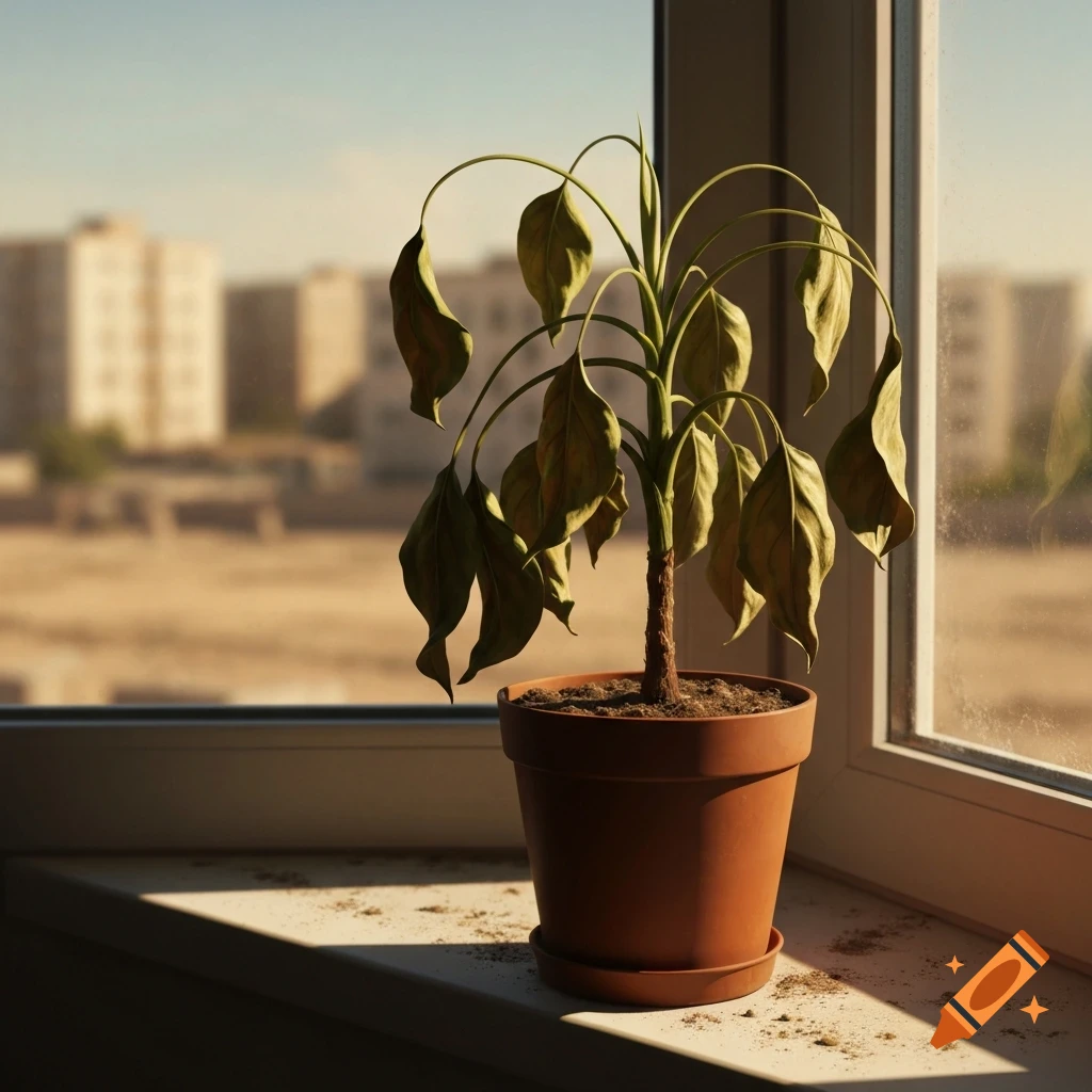 A drooping houseplant in a terracotta pot sits on a sunlit, dusty windowsill, with a blurry city visible outside.