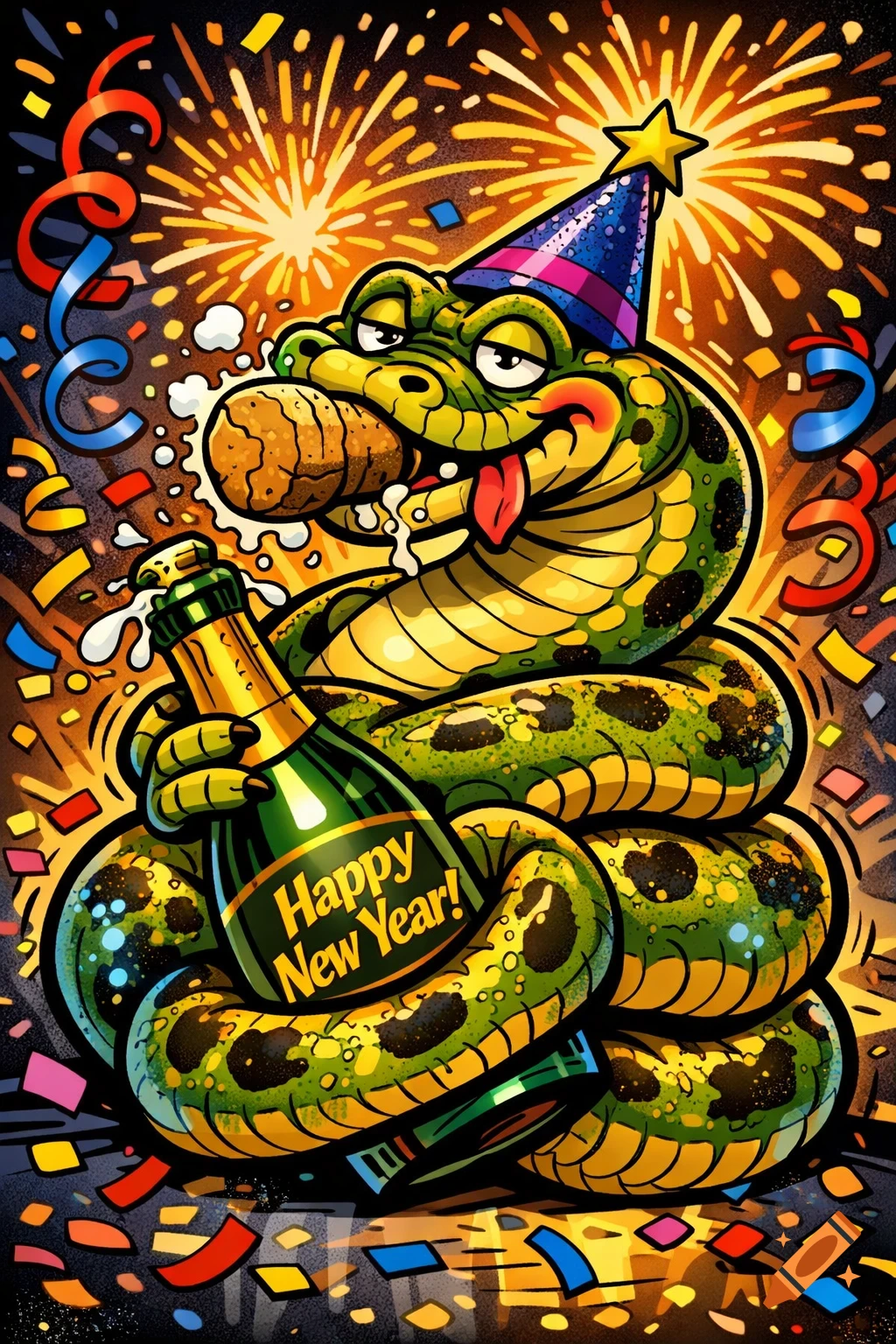A cartoon snake wearing a party hat, holding a champagne bottle that reads "Happy New Year!" and a cork in its mouth, surrounded by confetti and fireworks.