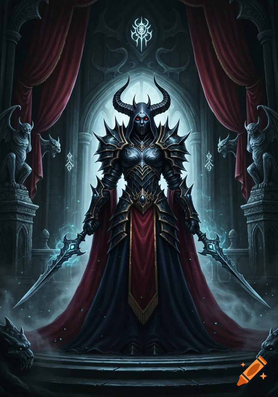 A dark fantasy figure in spiked black armor with horns, red eyes, and glowing swords stands in a gothic hall with gargoyles.