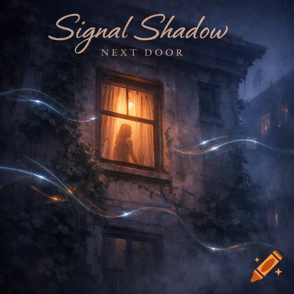 A dark, moody album cover featuring an old building at night, with a silhouette in a glowing window and glowing light trails. Text reads 'Signal Shadow NEXT DOOR'.