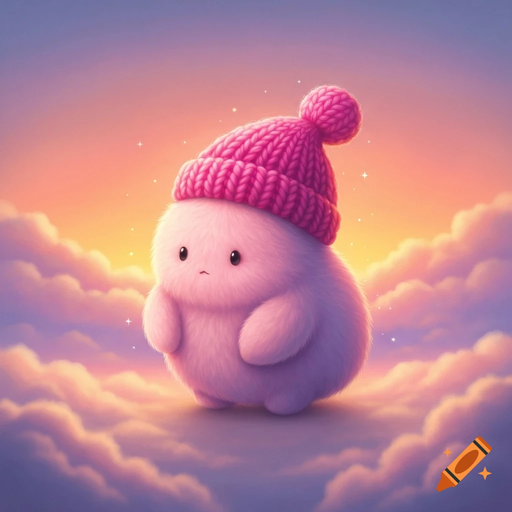 A fluffy pink creature wearing a pink bobble hat stands on soft pastel clouds against a vibrant sunset sky.