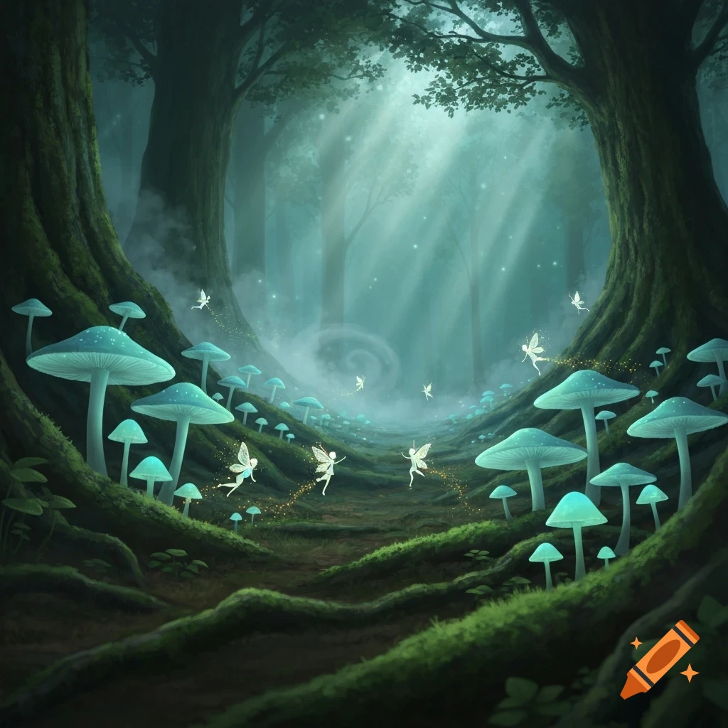 A magical forest scene with large glowing blue mushrooms and tiny winged fairies flying through mystical light rays.