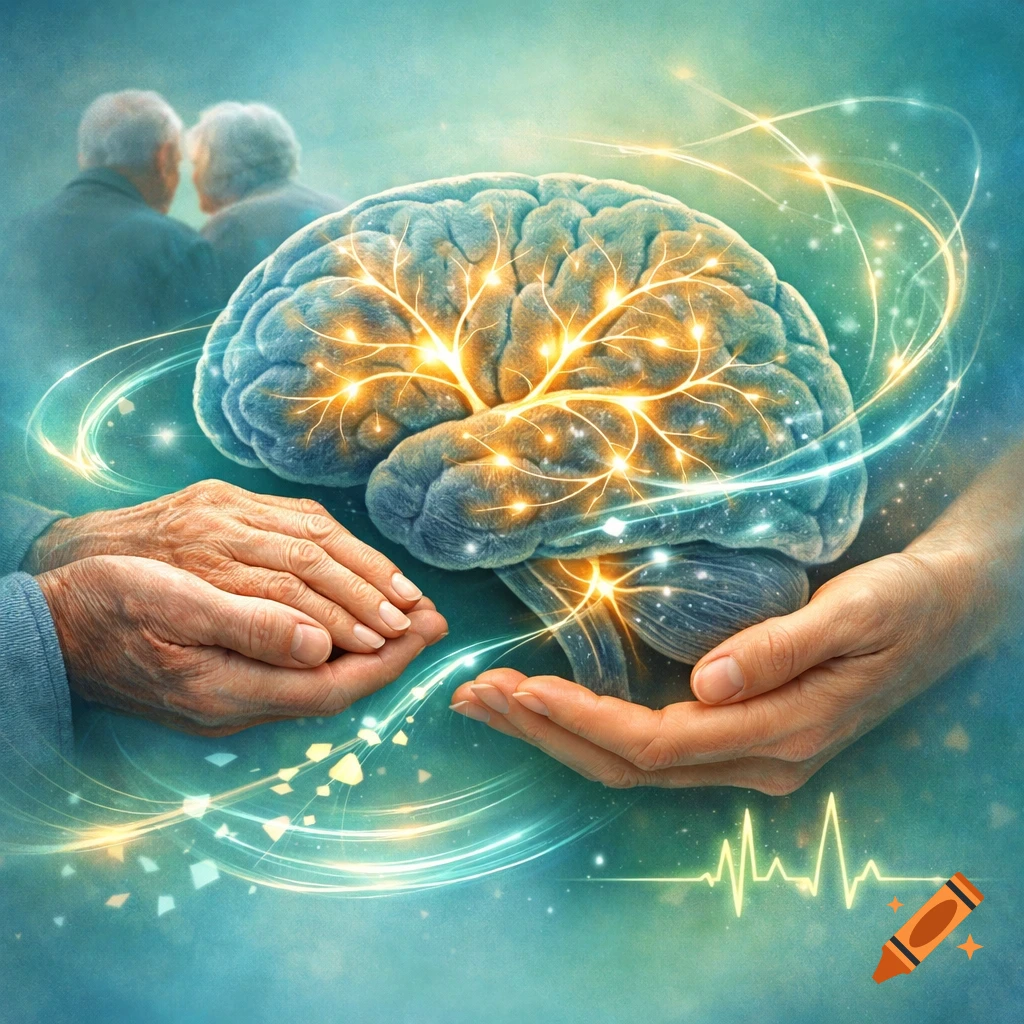 A glowing brain cradled by hands, with blurred elderly figures and a heartbeat line, symbolizing neurological care.