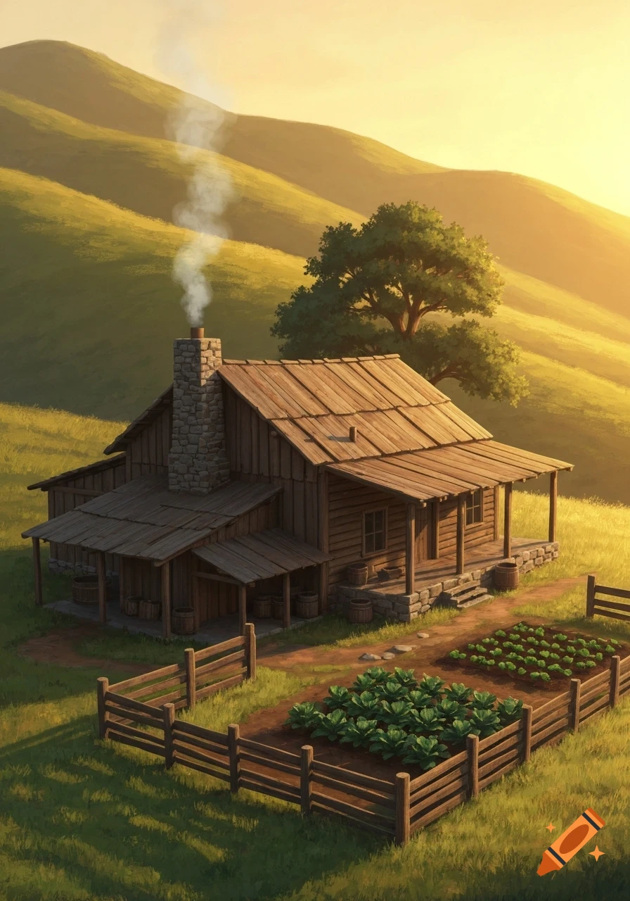 A rustic wooden cabin with a smoking chimney and a fenced garden sits in a vibrant green hilly landscape at sunset.