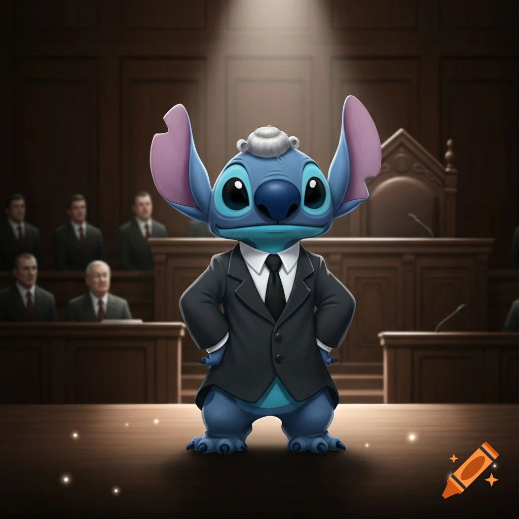 Stitch from Lilo & Stitch dressed in a black suit, standing in a courtroom under a spotlight.