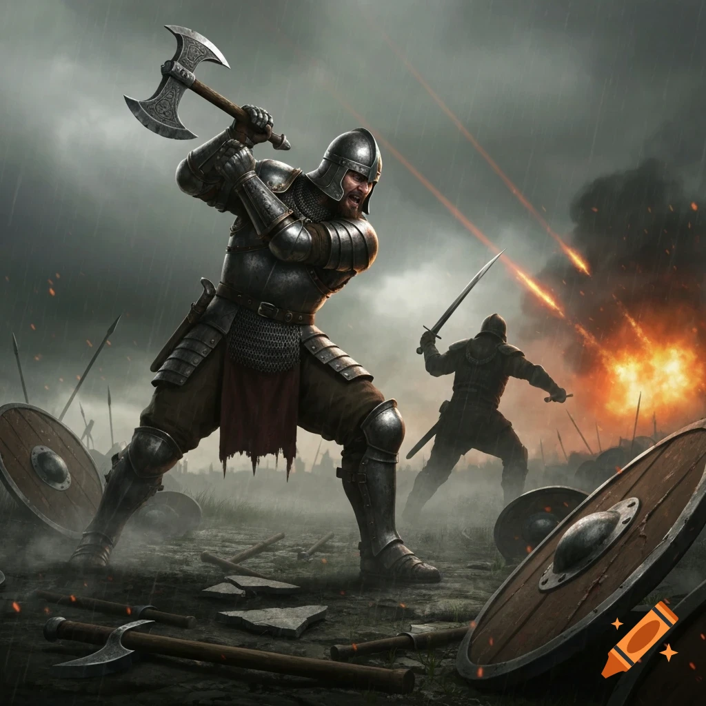 An armored warrior wielding a double-bladed axe amidst a rainy, fiery battlefield with distant explosions and another warrior.