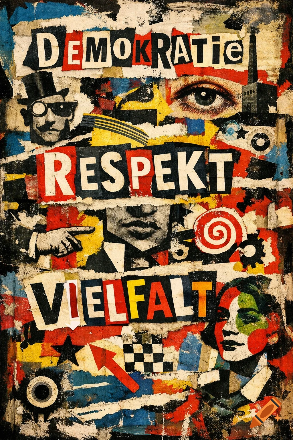 A distressed, Dada-style collage poster featuring the German words 'DEMOKRATIE', 'RESPEKT', 'VIELFALT' with portraits, an eye, and abstract shapes on a colorful, textured background.