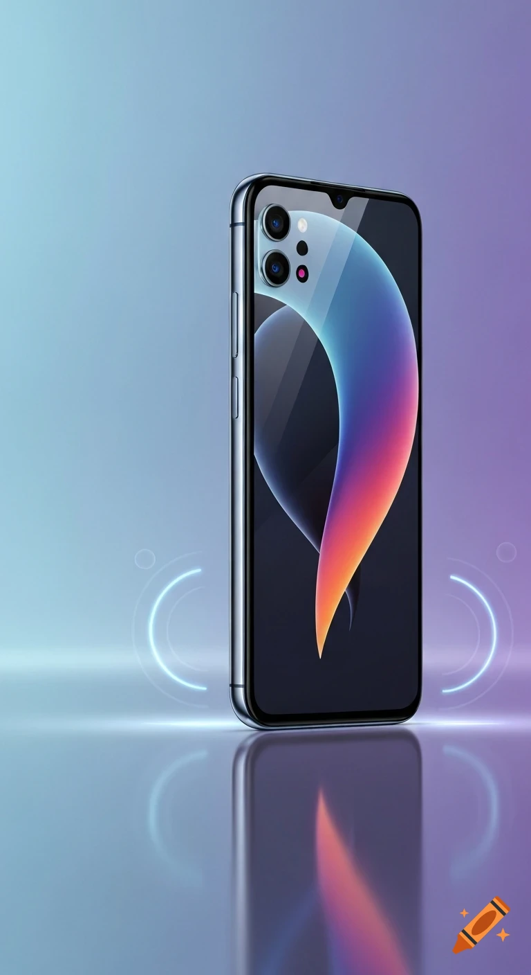 Sleek modern smartphone with a colorful abstract wallpaper, standing on a reflective surface against a blue and purple gradient background.