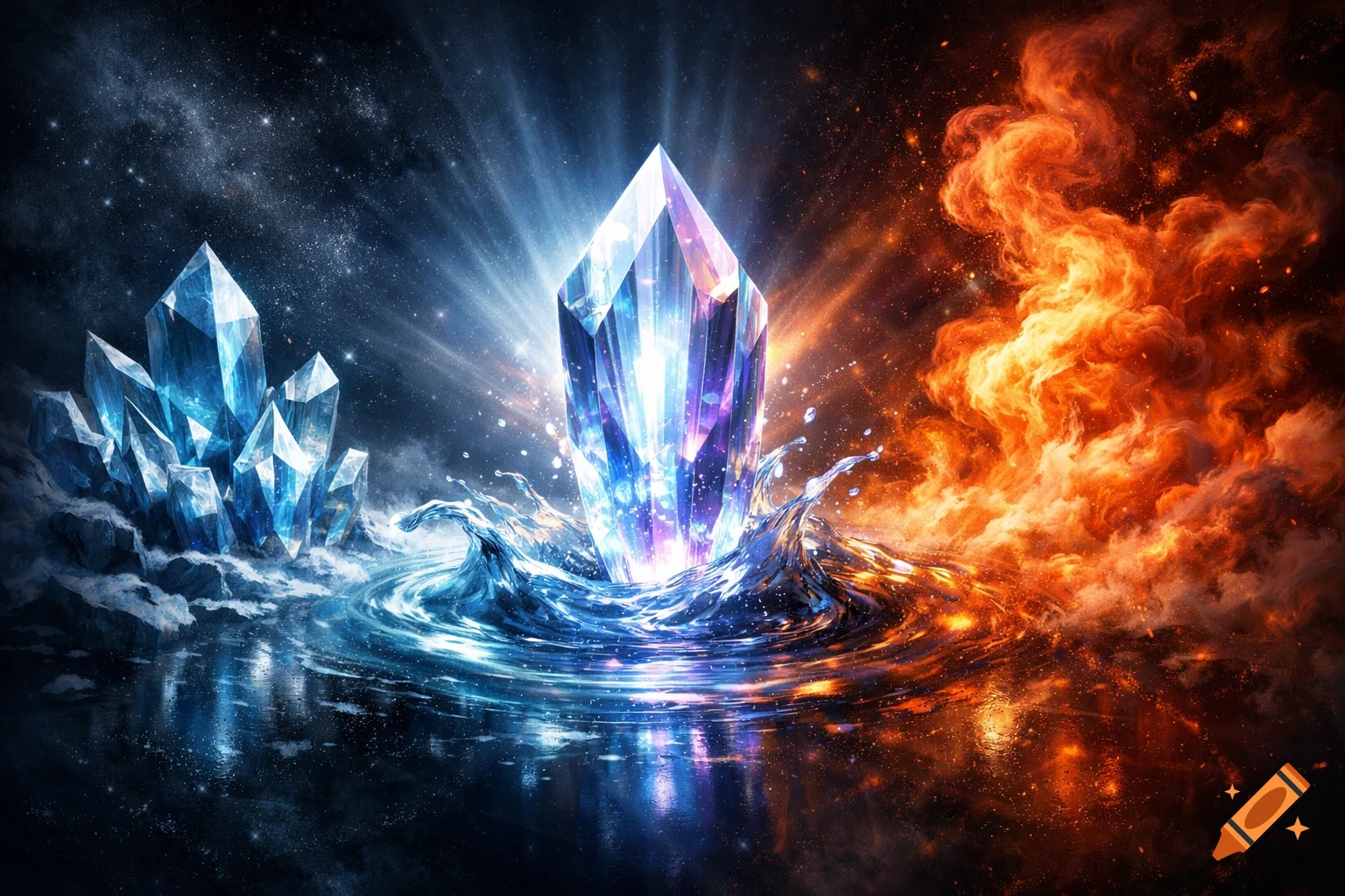 A vibrant image contrasting blue ice crystals and swirling water with orange flames, separated by a large glowing crystal in the center.