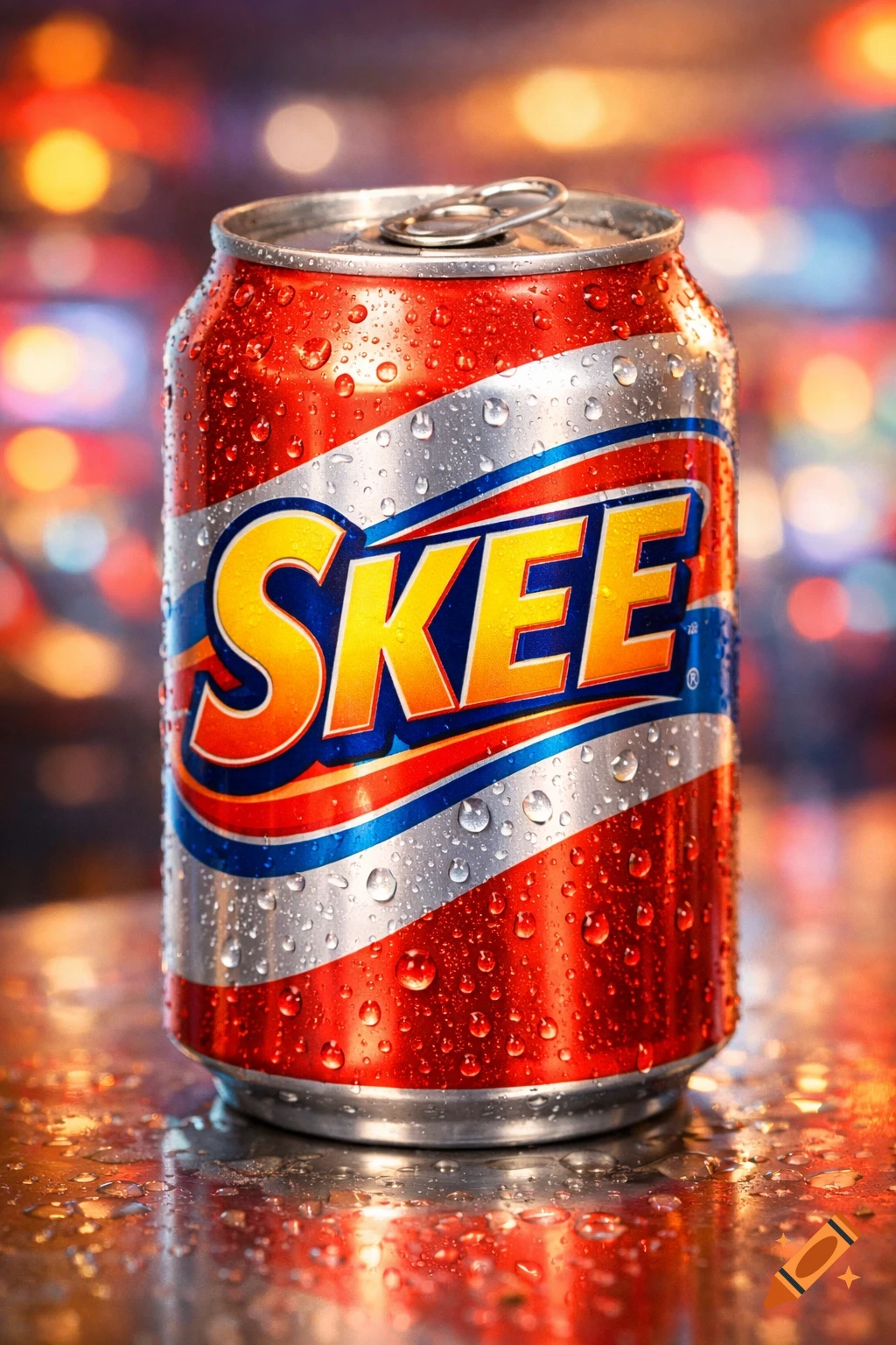 A photorealistic, close-up shot of a red and silver soda can with yellow and blue "SKEE" lettering, covered in condensation.