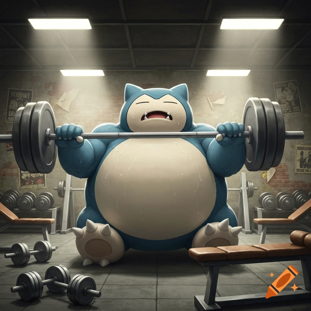Snorlax strains to lift a heavy barbell in a gym, with dumbbells and benches scattered around.