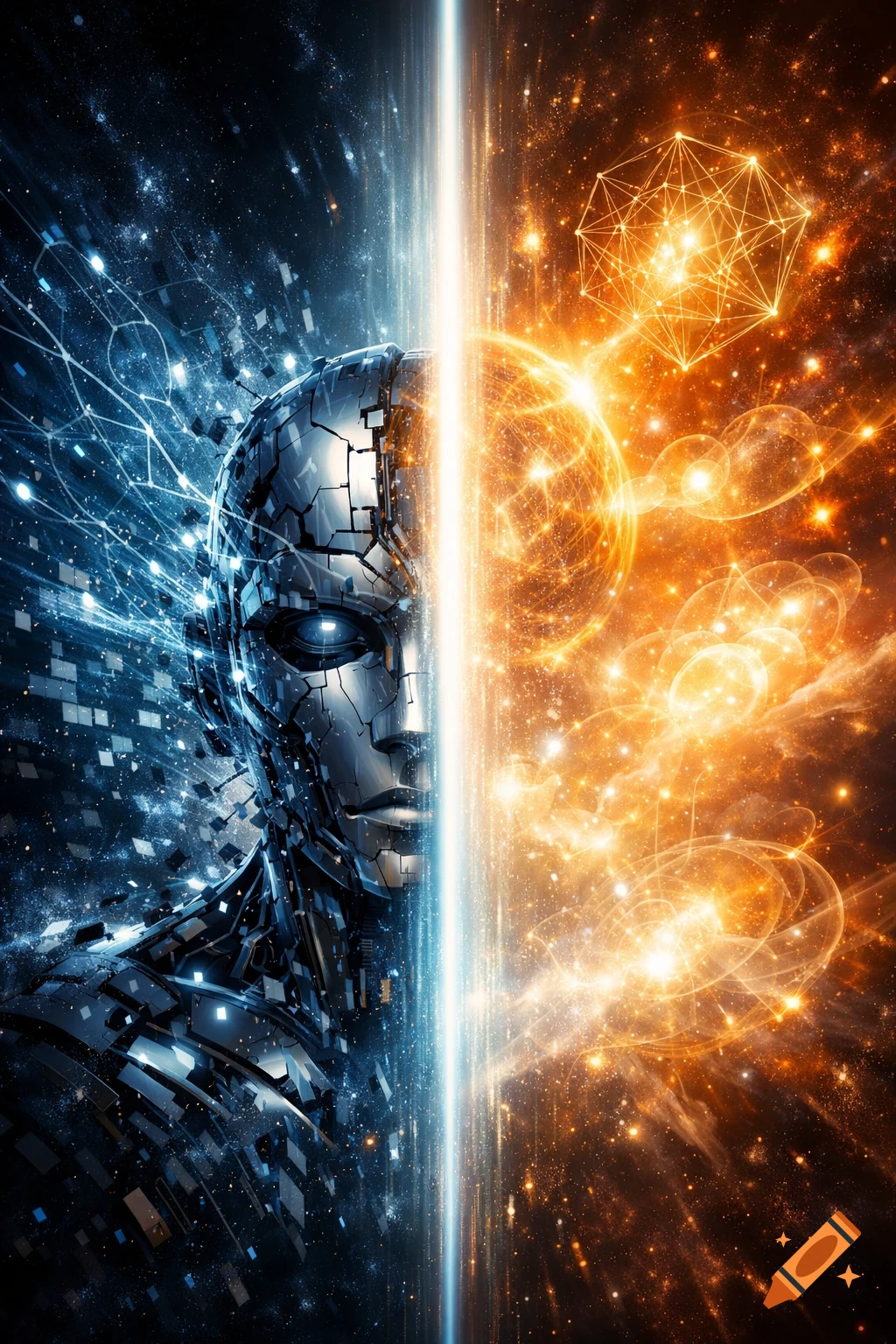 A futuristic robotic head split vertically by a bright light beam, with one side covered in blue digital patterns and the other in orange cosmic energy.