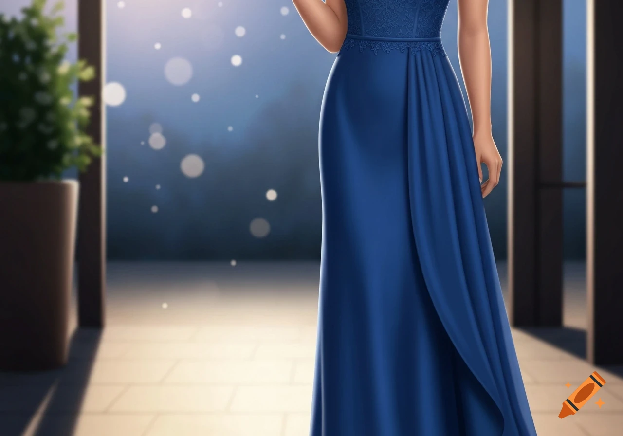 Person in an elegant royal blue evening dress with lace bodice and flowing skirt, standing in a formal setting with blurred lights.