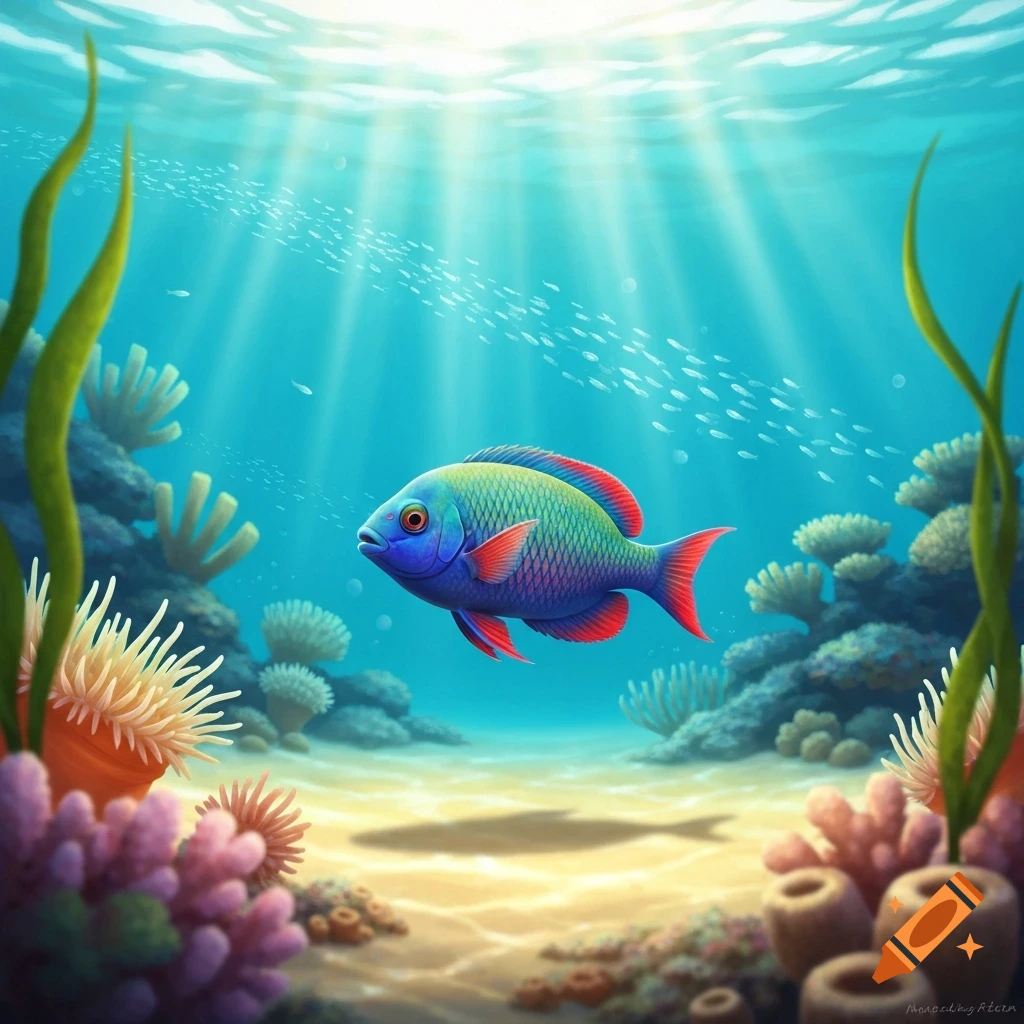 A blue and green fish with red fins swims through a vibrant coral reef, with sunlight streaming from the ocean surface.