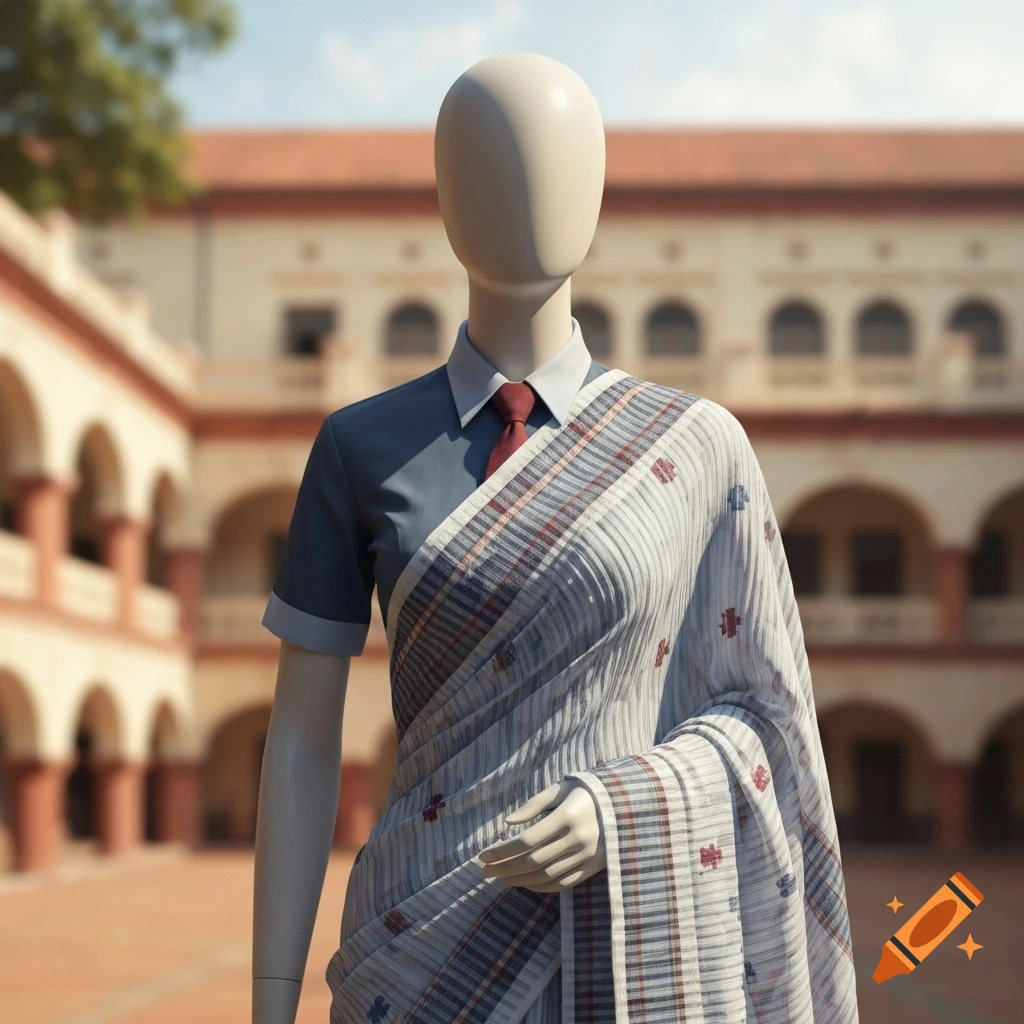 A mannequin wears a grey shirt, red tie, and a white and blue patterned sari in an outdoor courtyard with traditional architecture.