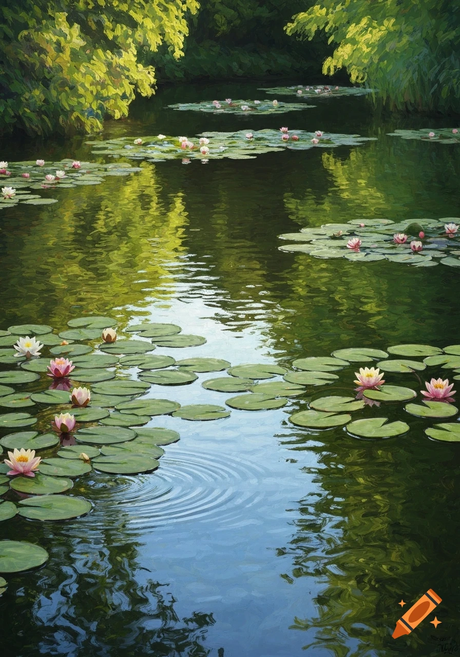 Painterly scene of a serene pond with green lily pads and pink and ...
