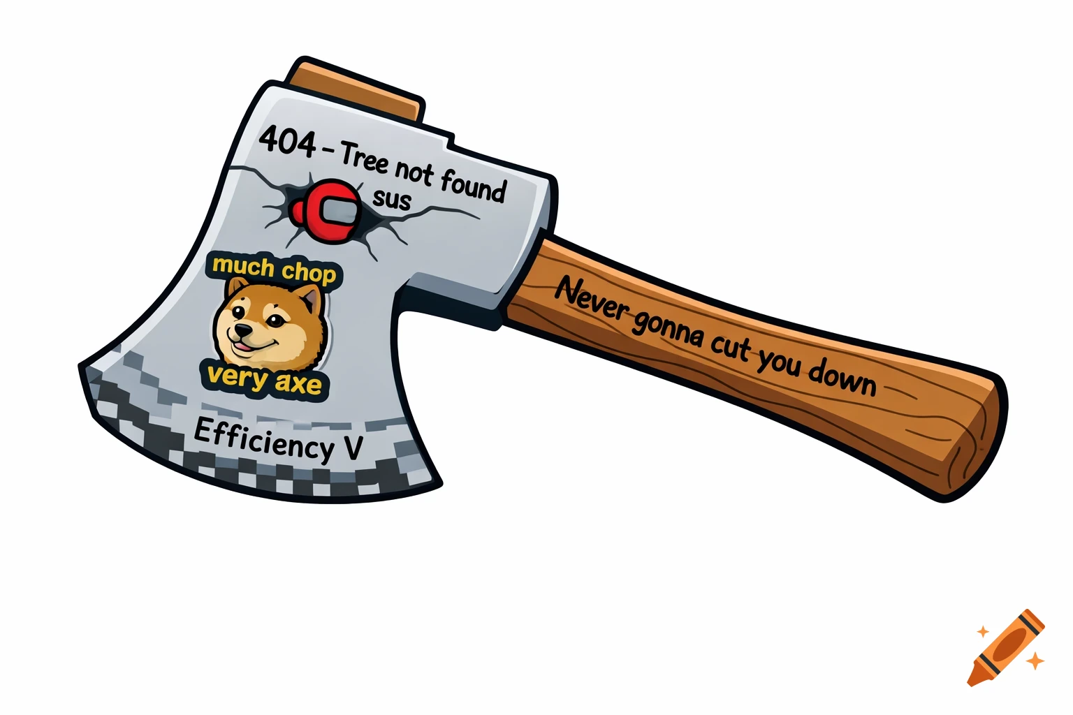 A cartoon axe featuring internet meme references, including a Doge face, an Among Us crewmate, '404 - Tree not found sus', 'much chop', 'very axe', 'Never gonna cut you down', and 'Efficiency V', on a white background.