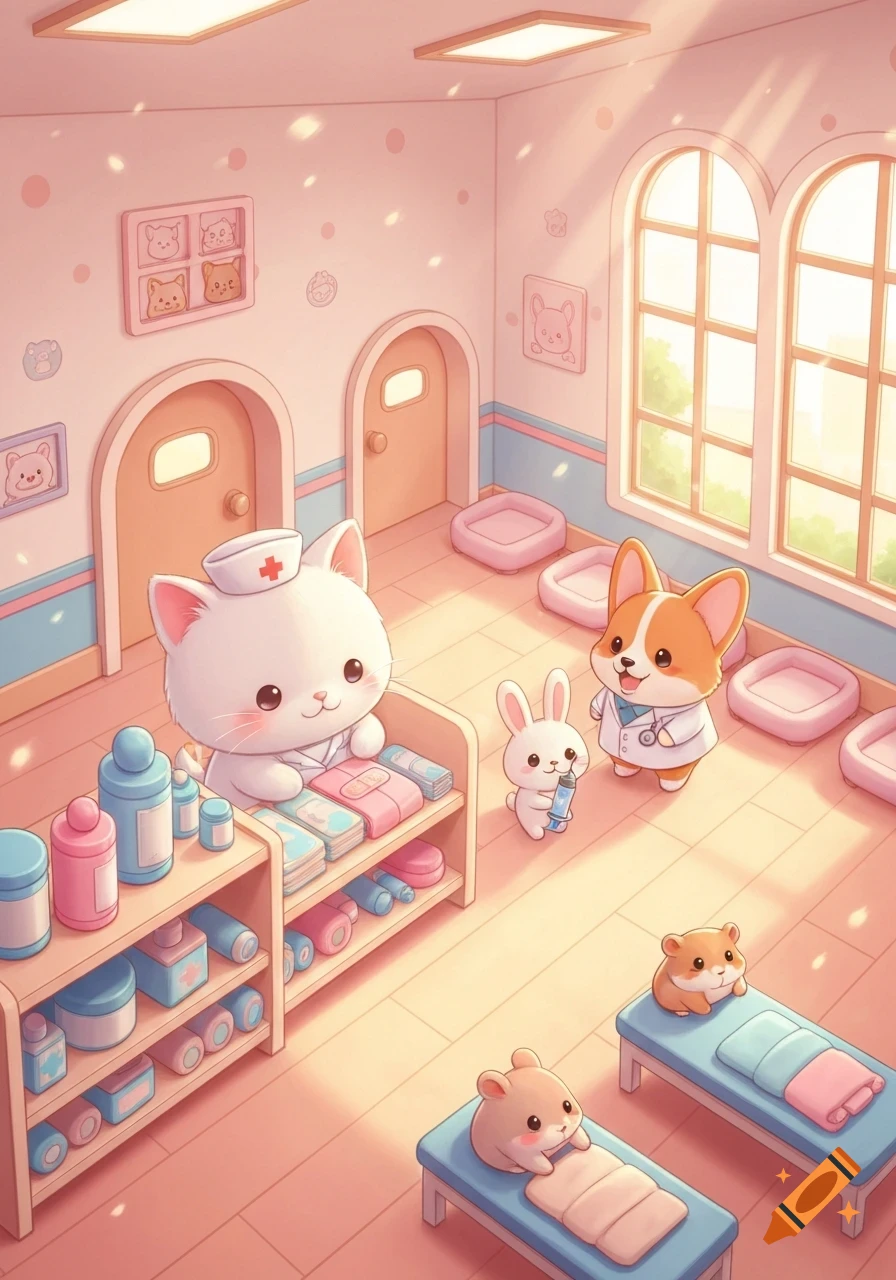 A kawaii cartoon cat nurse and a corgi doctor with a rabbit and hamsters in a pastel animal hospital setting.