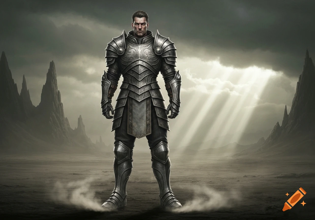 A formidable knight in ornate silver armor stands in a desolate, rocky landscape under a dramatic sky with sun rays breaking through.