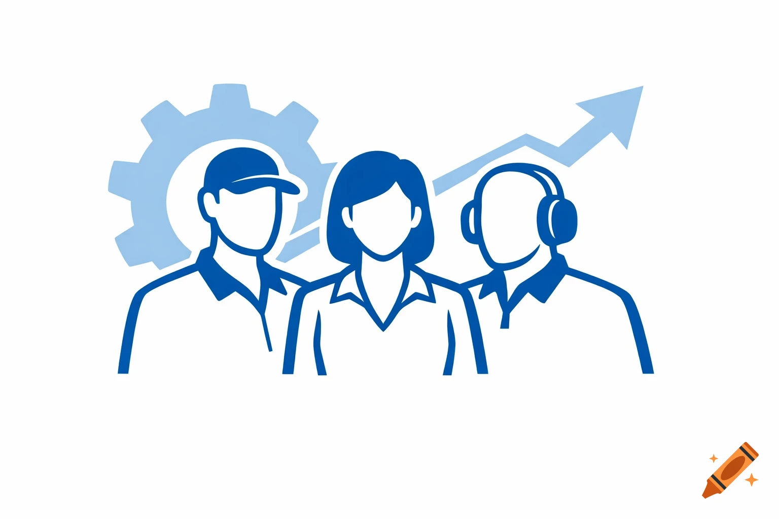 Blue and white illustration of three stylized figures representing workers, with a gear and an upward arrow in the background.