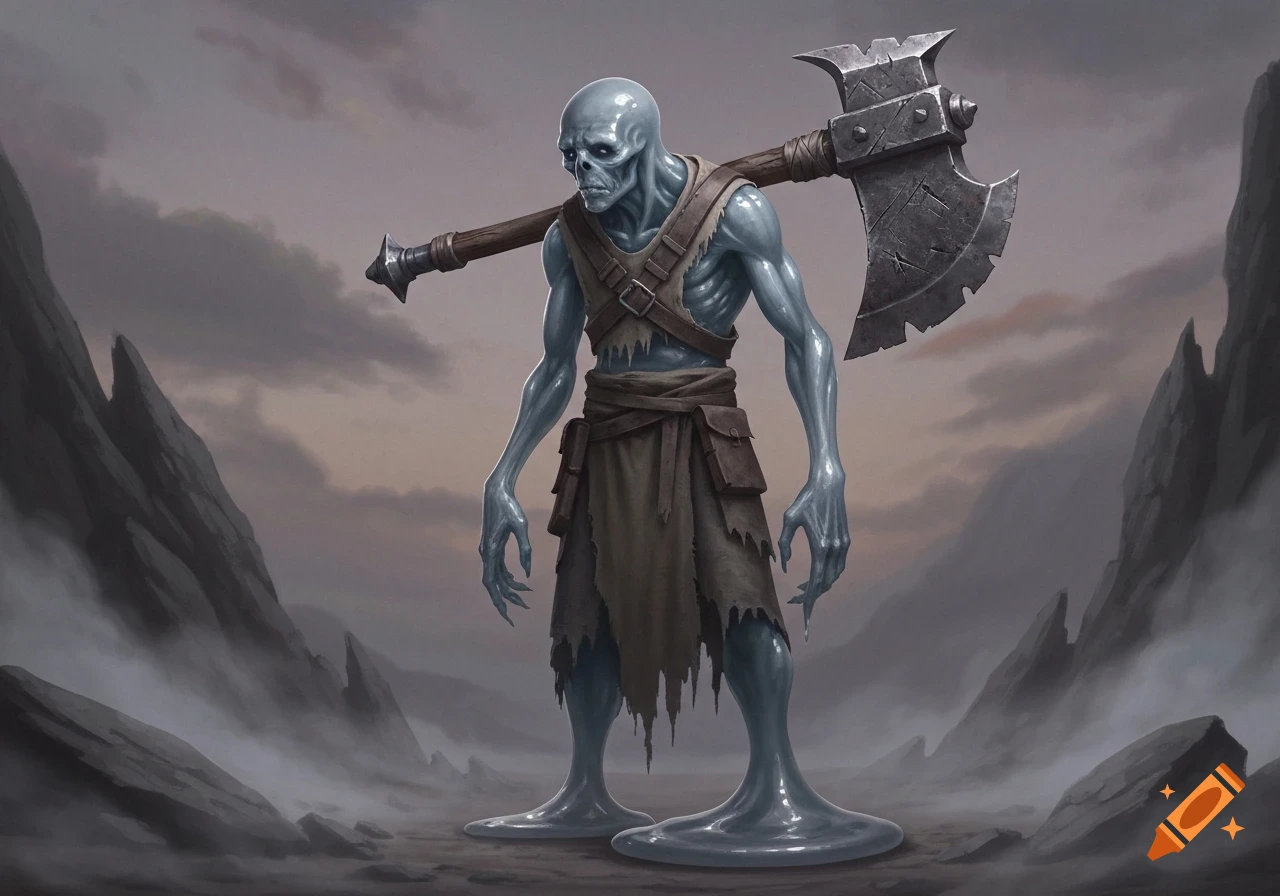 A grey humanoid slime creature with an axe on its back stands in a desolate, rocky landscape.