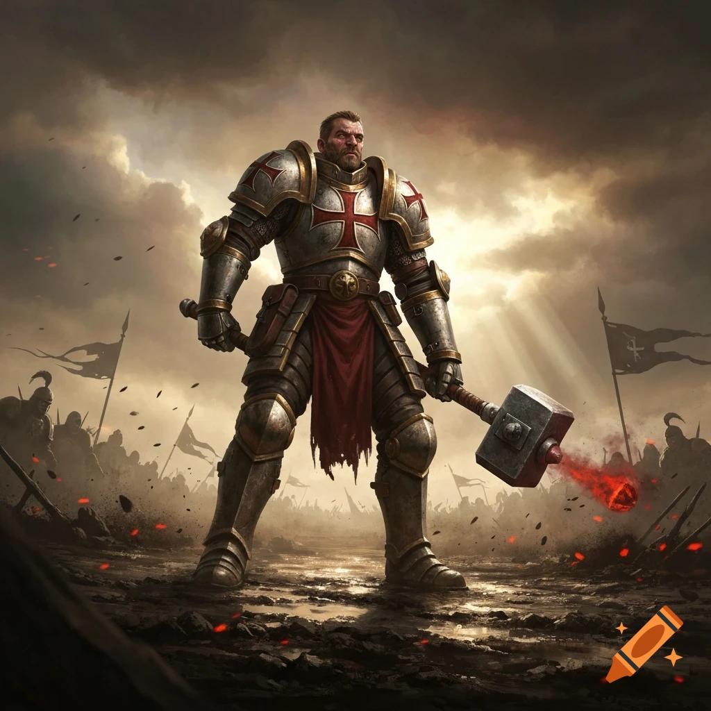 A powerful armored warrior with a warhammer stands defiantly on a muddy battlefield under a dramatic, cloudy sky, with distant soldiers.