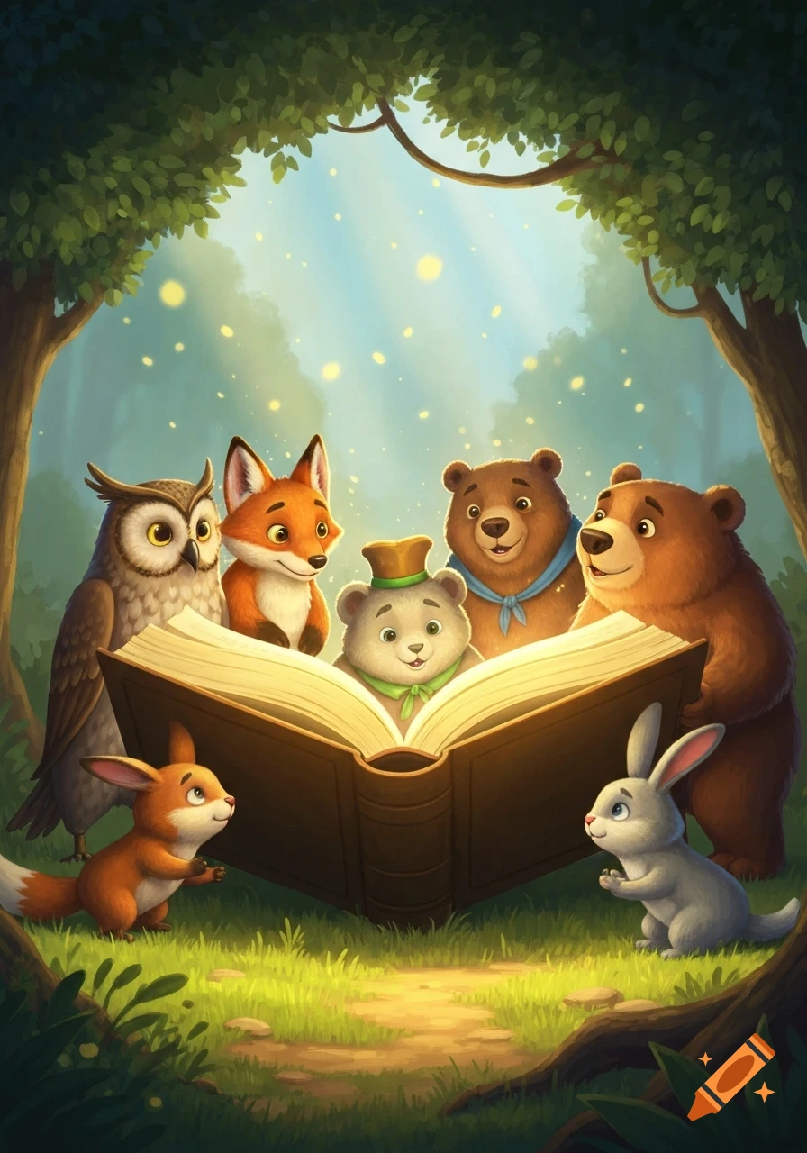 A group of cute cartoon forest animals, including bears, foxes, an owl, and a rabbit, gather around an open storybook in a magical forest.