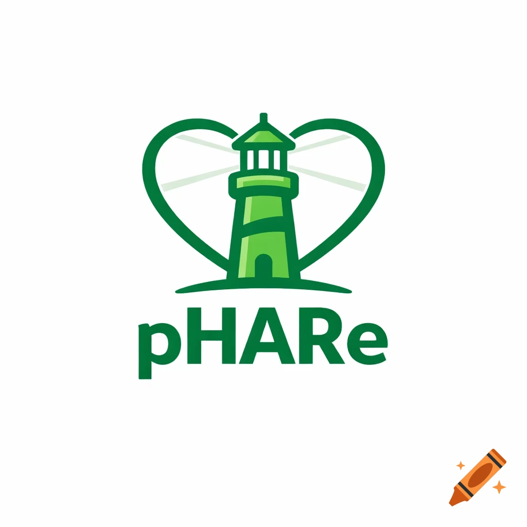 Minimalist green lighthouse logo with a heart-shaped light beam and the word pHARe.