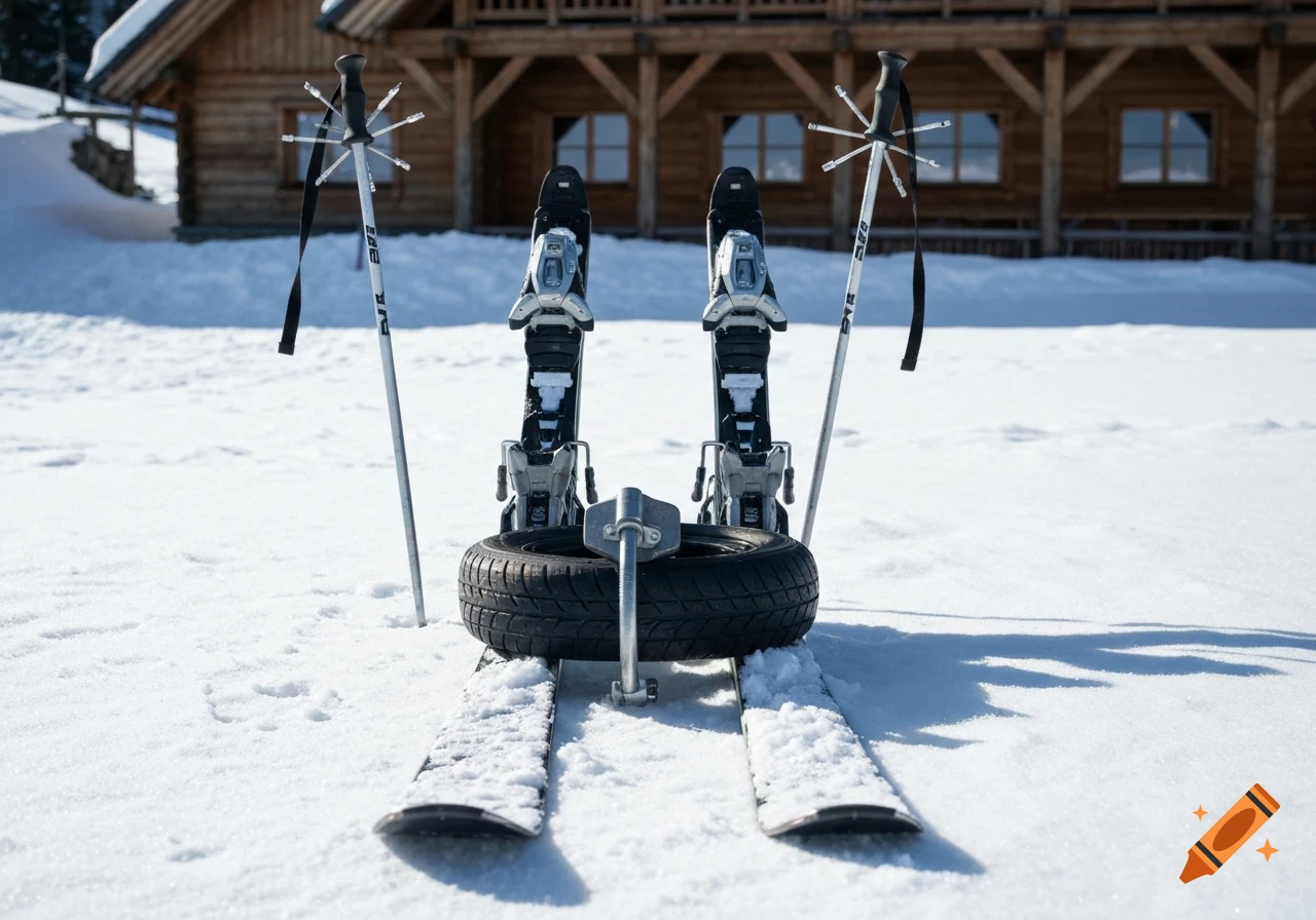 A pair of skis with ski poles upright in the snow, displaying a tire boot lock, in front of a rustic wooden lodge.