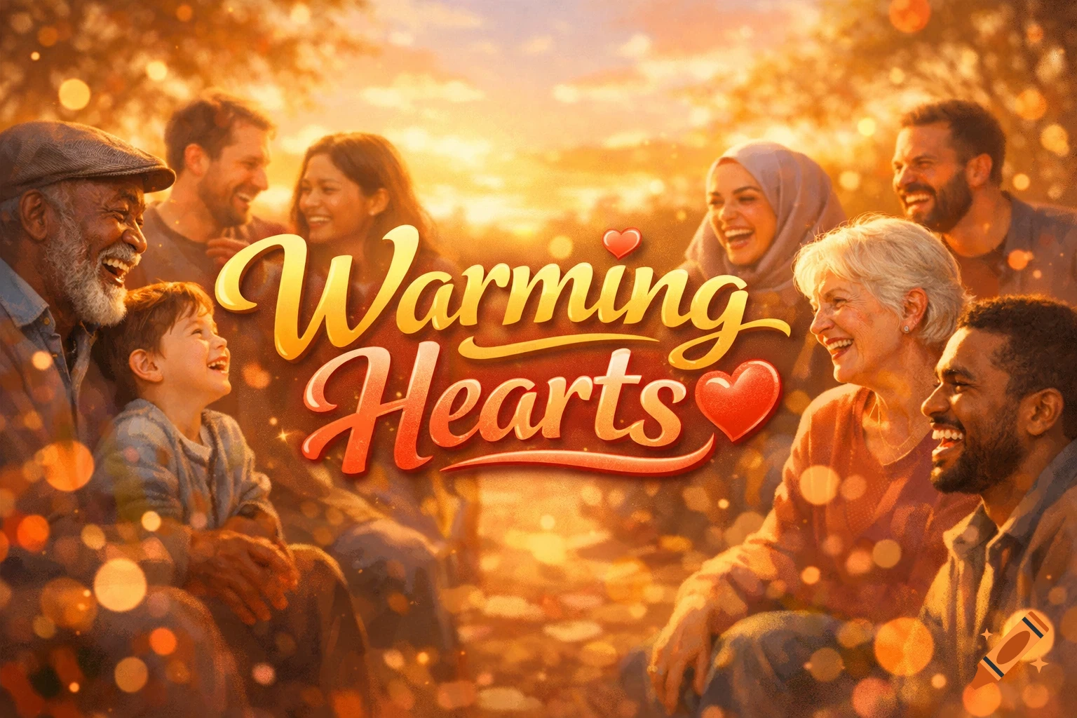 A diverse group of happy people of all ages smiling and laughing in warm, glowing light, with the text "Warming Hearts" prominently displayed.