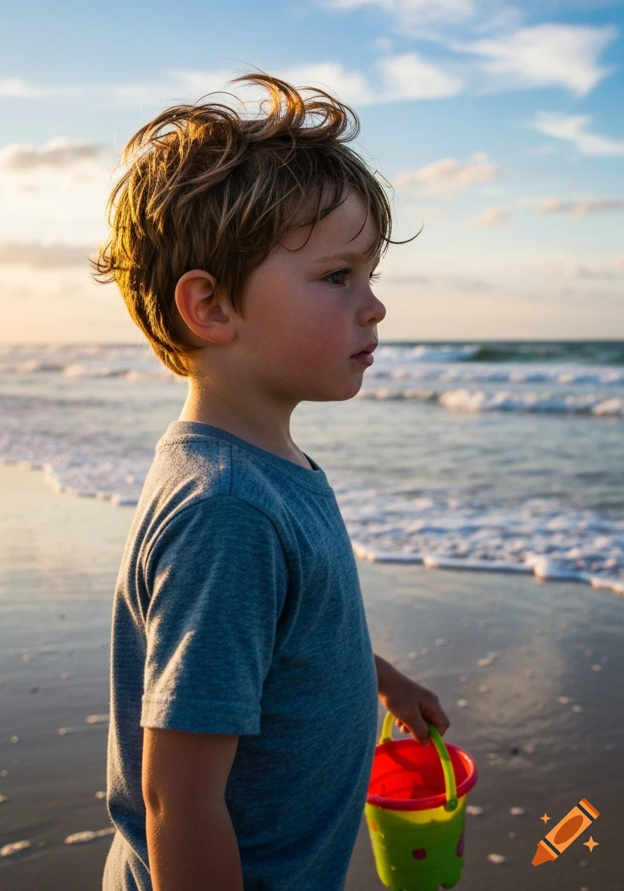 A young boy with tousled hair stands on a sandy beach at sunset, holding a red and green sand bucket, looking out at the ocean waves.