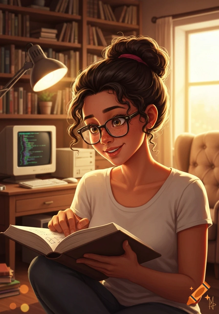 A smiling Latina woman with glasses and curly hair in a bun sits on the floor reading a book in a cozy room with bookshelves and a computer.