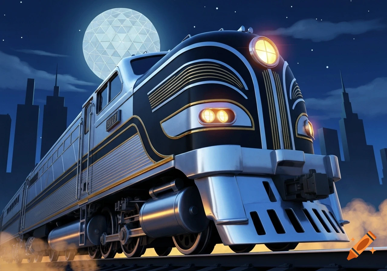 An Art Deco locomotive, silver and black with gold accents, on tracks at night, with a geometric full moon and city skyline.