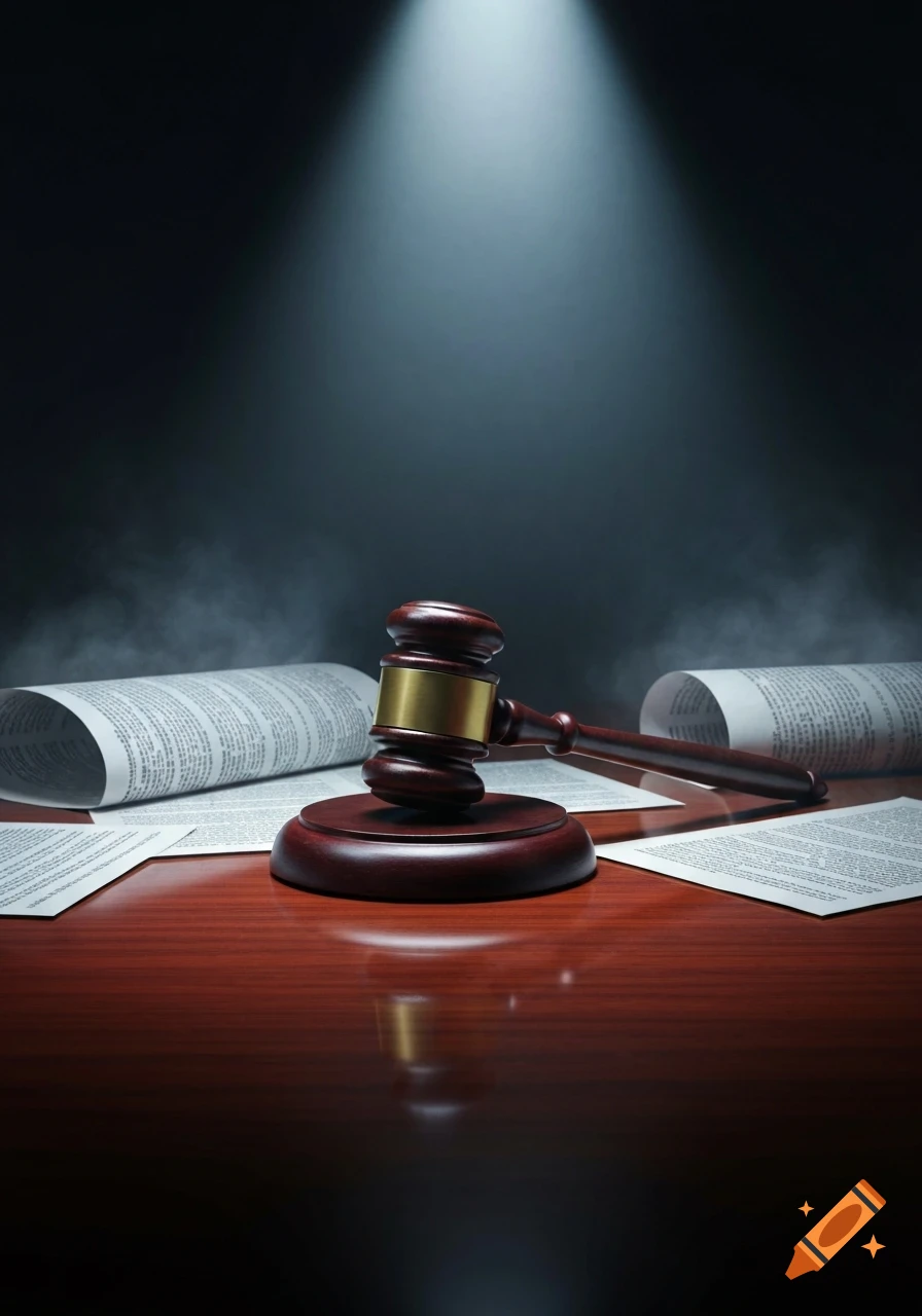 A wooden gavel with a brass band rests on a glossy wooden table, surrounded by rolled and spread legal documents under a dramatic spotlight.