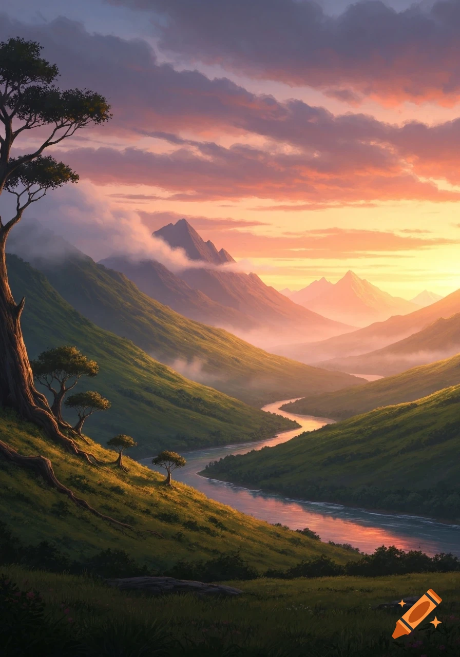 Vibrant digital painting of a river winding through a lush green mountain valley under a dramatic pink and orange sunset sky.