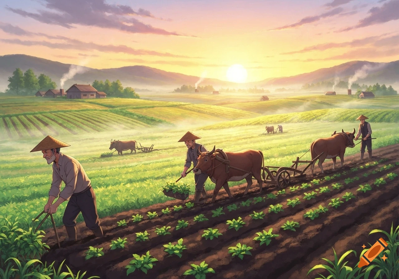 Anime-style illustration of farmers and oxen plowing fields in a misty rural landscape at sunrise.