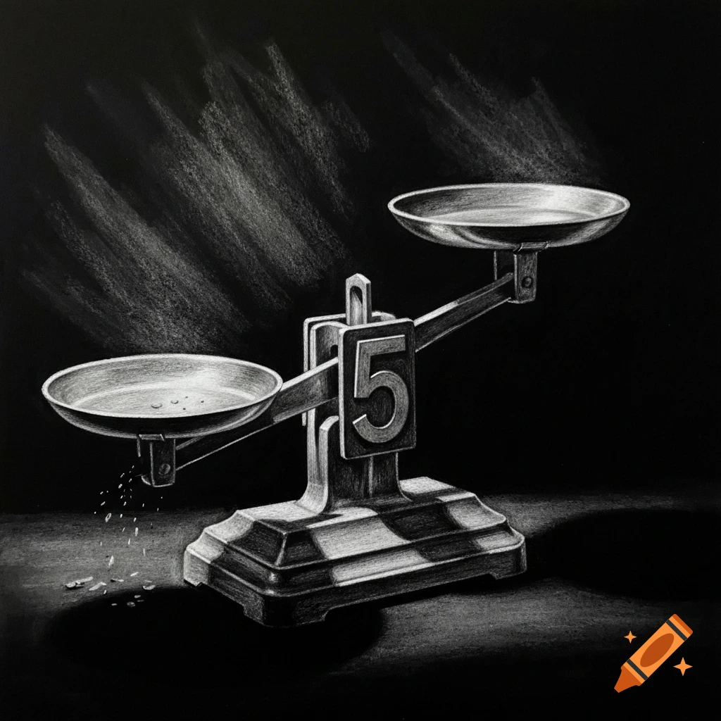 A black and white charcoal drawing of a vintage balance scale with the number 5 on its pivot, one pan slightly lower with small particles falling.