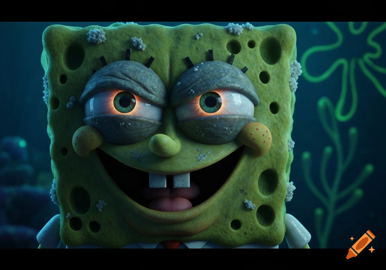 A hyper-realistic, gritty Spongebob SquarePants with glowing eyes, set underwater in a moody, dark environment.