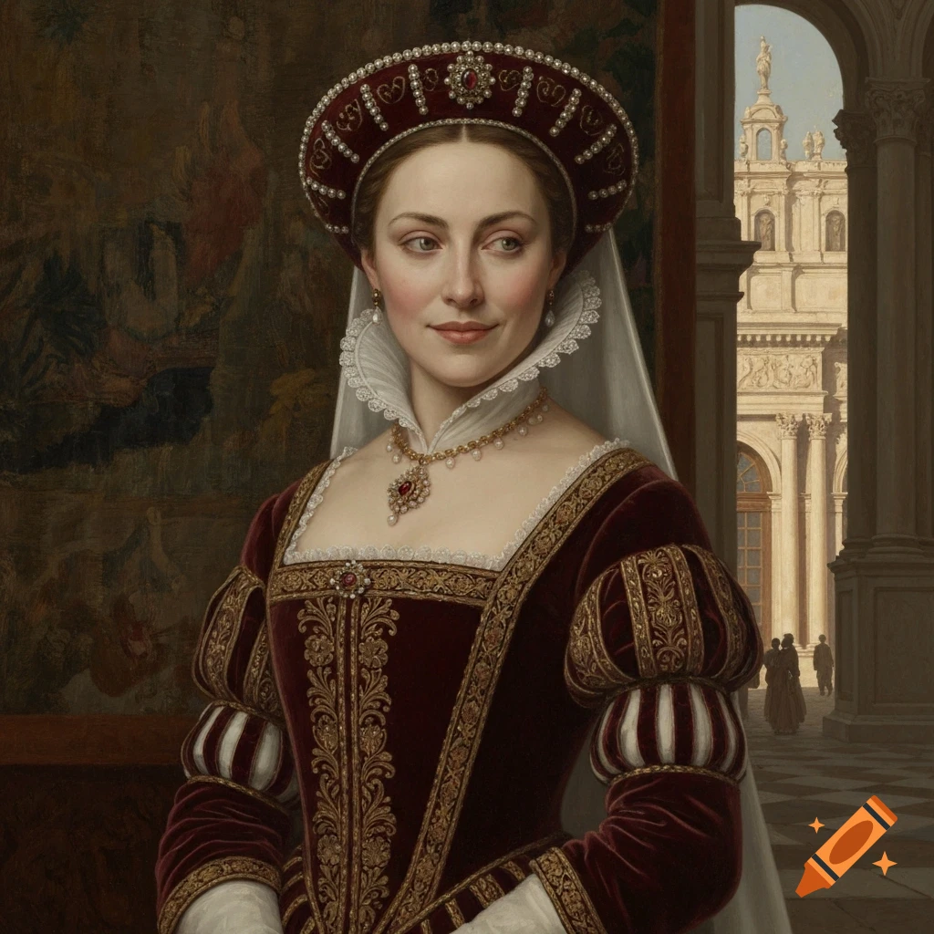 Oil painting of a woman in a rich dark red Renaissance dress and elaborate hat, looking to the side, with classical architecture in the background.
