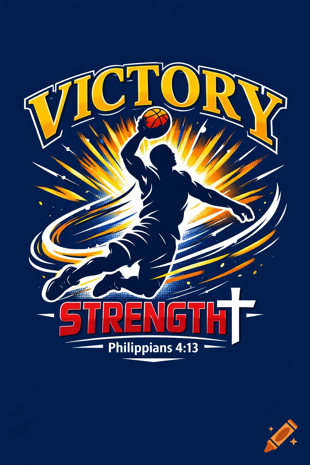Energetic graphic design of a basketball player silhouette mid-dunk, with text 'VICTORY', 'STRENGTH', and 'Philippians 4:13', plus a cross.