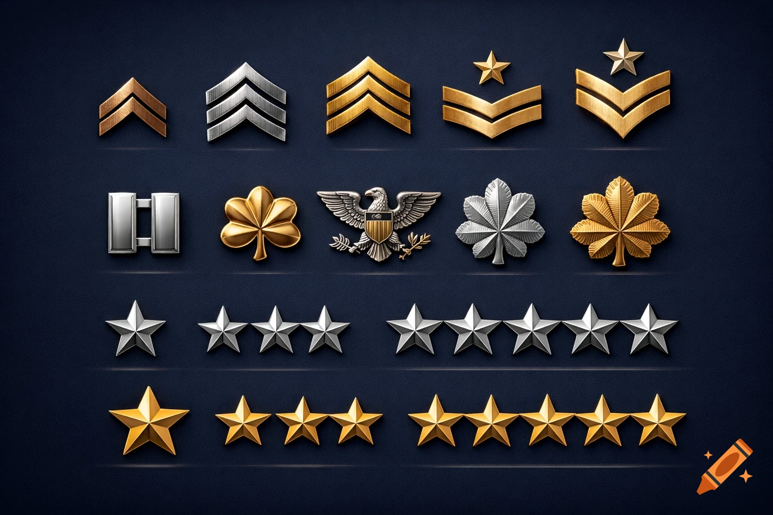 A collection of metallic gold, silver, and bronze military rank insignias, including chevrons, bars, leaves, and stars, arranged on a dark blue background.